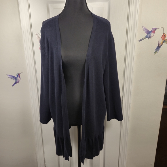 TALBOTS WOMAN 2X Navy Blue Ribbed Ruffle Hem Open Cardigan Tunic Plus Size - Picture 2 of 7